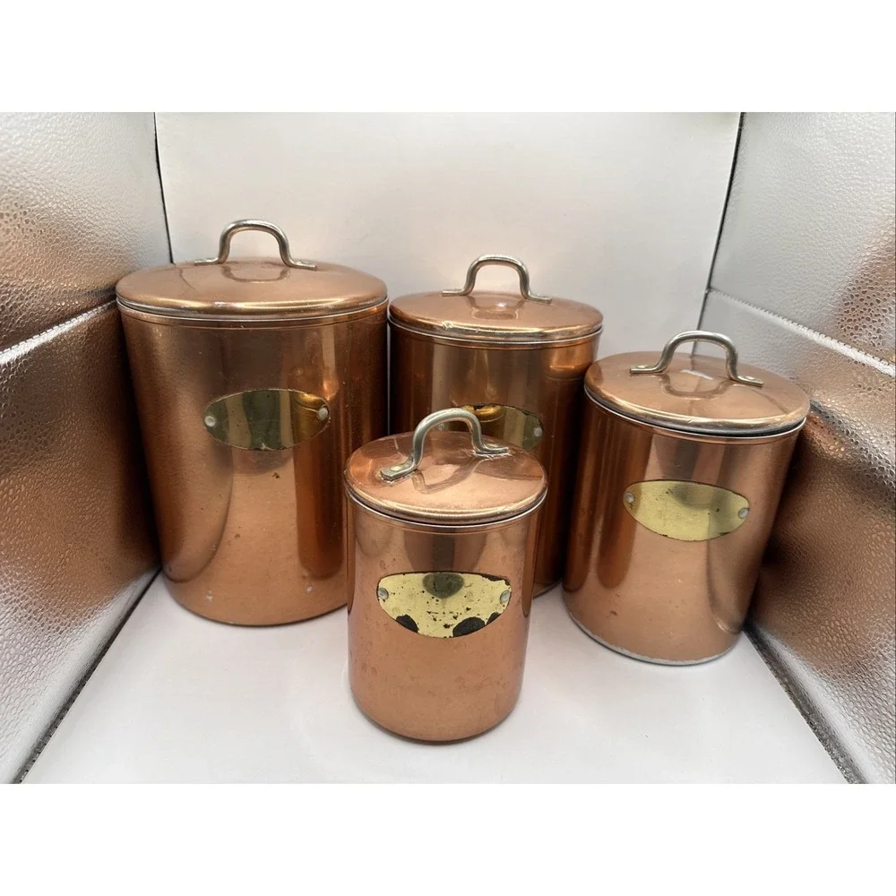 Vintage Copper Canister Set with Lids Nesting Flour Sugar Coffee Tea